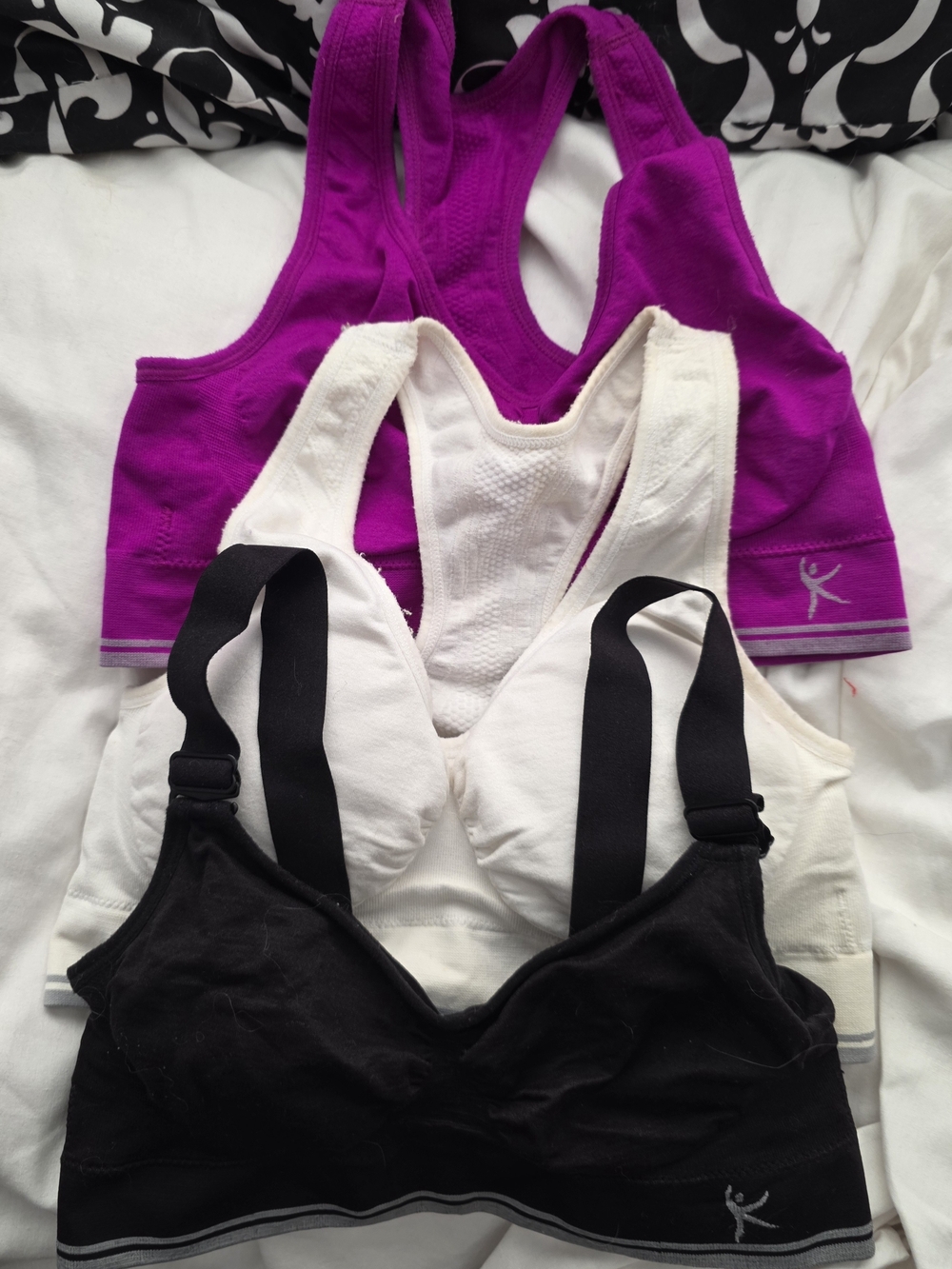 Danskin 3-Pack Med.  Sports Bras in Purple, White, and Black